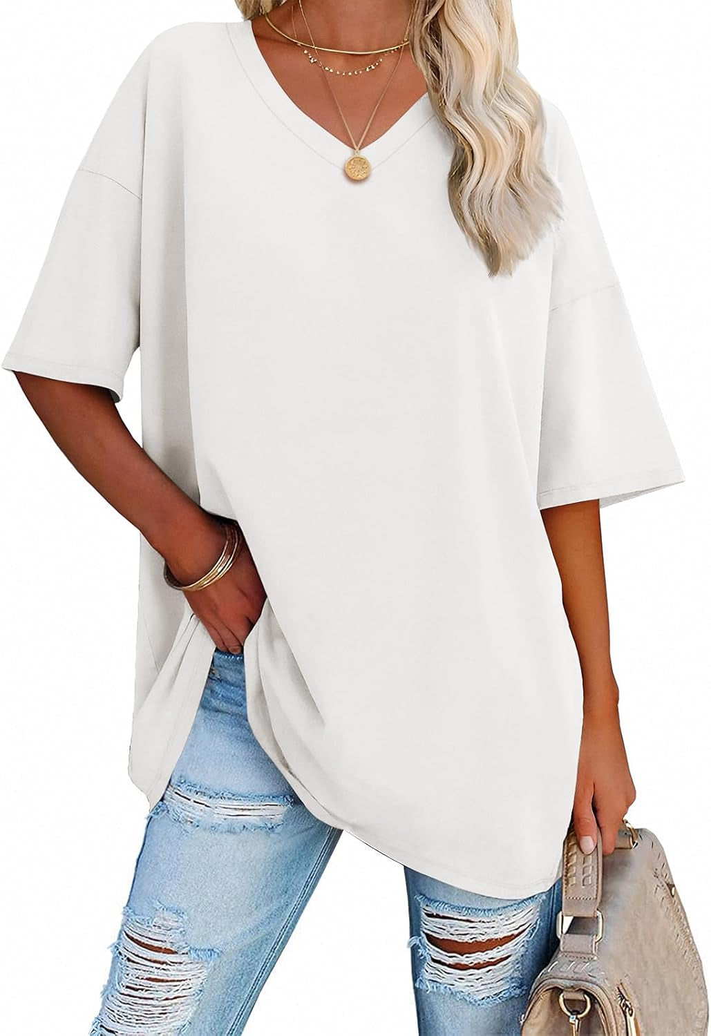 ATHMILE Womens Summer Oversized Shirts V Neck Business Casual Workout Tops Beach Vacation 2025 Gym Clothes