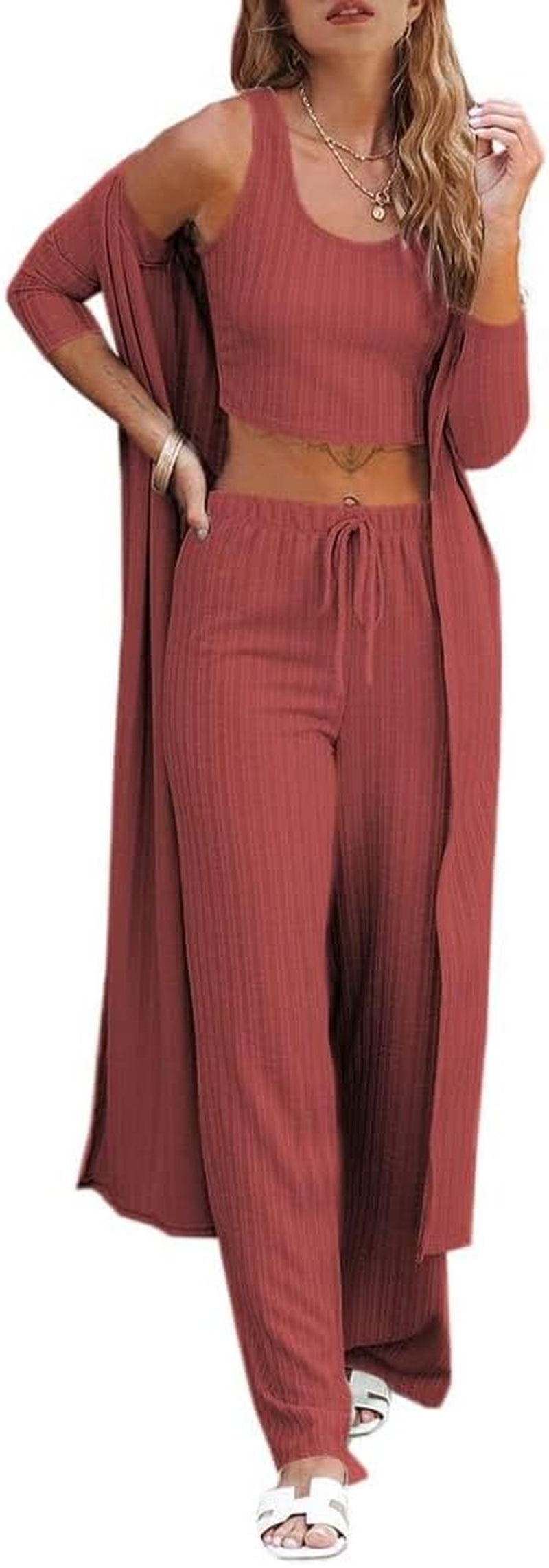 Fessceruna Womens 3 Piece Lounge Sets Pajamas Knit Long Sleeve Cardigan Crop Top Wide Leg Pants Loungewear Set