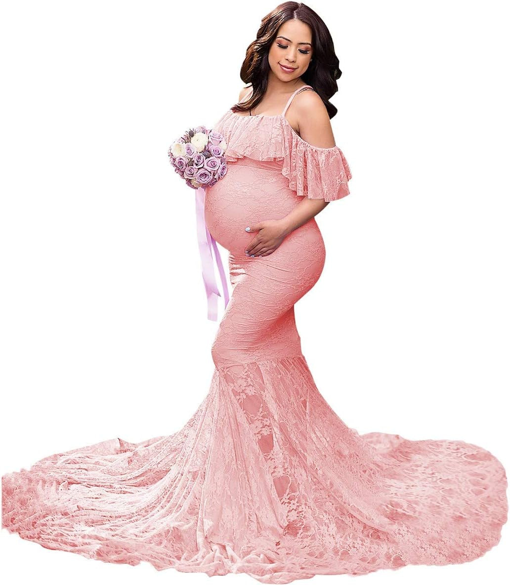 MYRISAM Women Maternity Lace Mermaid Gown off Shoulder Ruffle Slim Fitted Photo Shoot Wedding Party Prom Baby Shower Dress