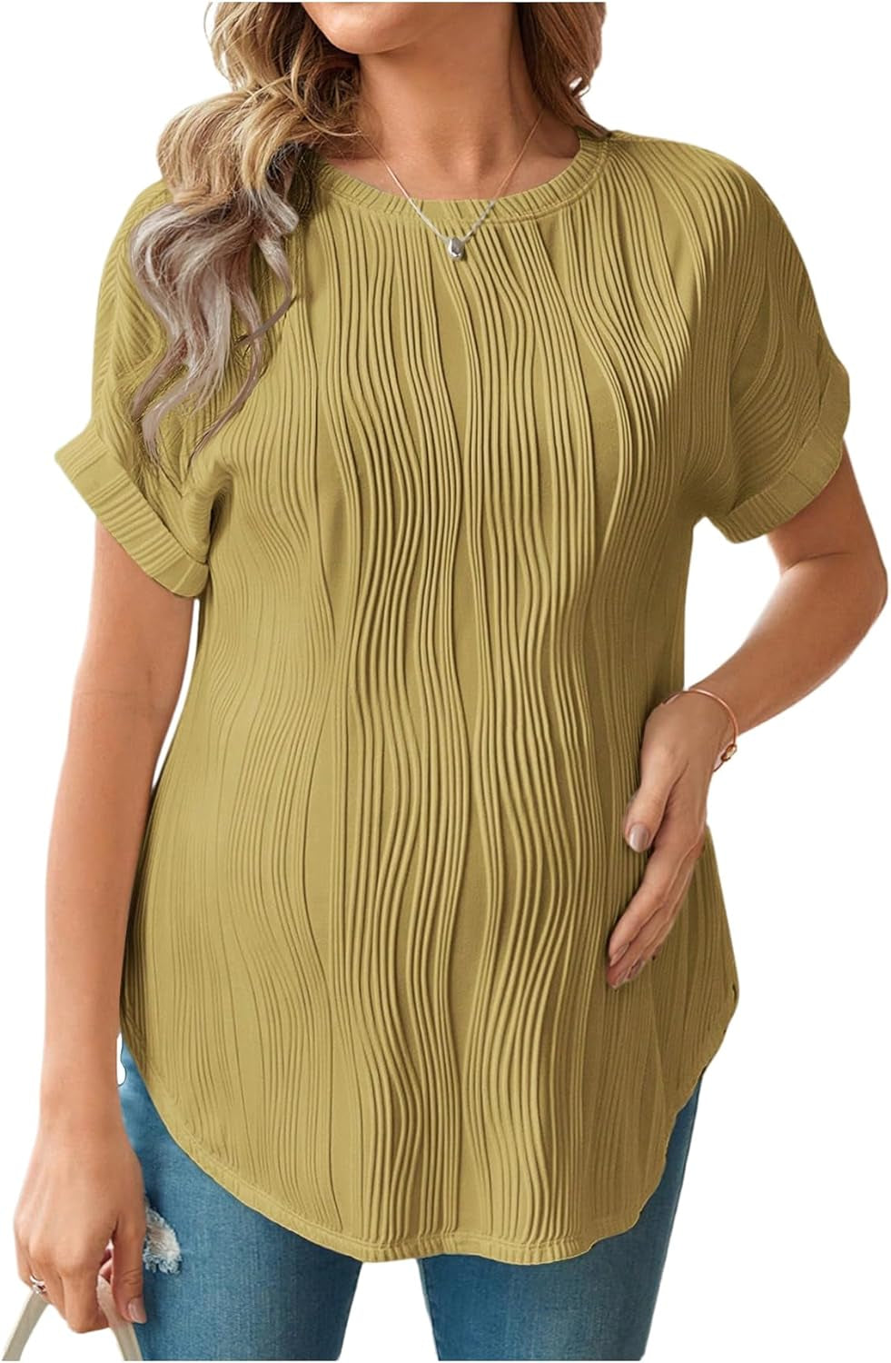 OYOANGLE Women'S Casual Maternity T-Shirt Textured Short Sleeve Crew Neck Loose Tunic Top Pregnancy Blouse Tee