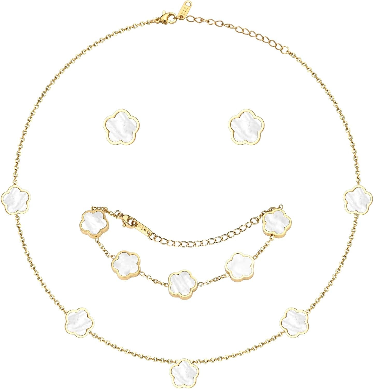 Double-Sided Clover Jewelry Set - 18K Gold Plated Flower Design Five Leaf Clover Bracelet Pendant Necklace and Stud Earrings for Women.Lucky Gifts for Mom Wife Daughter Friends