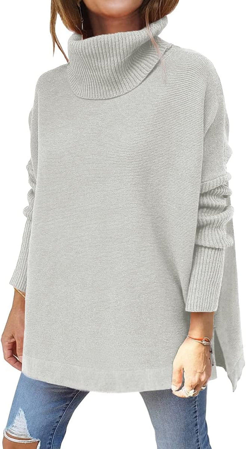 LILLUSORY Women'S Turtleneck Oversized Sweaters Long Batwing Sleeve Spilt Hem Tunic Pullover Knit Tops