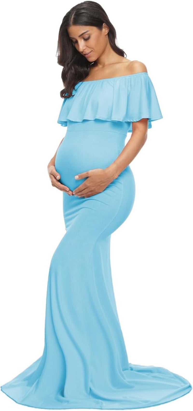 Glampunch Womens off Shoulder Maternity Dress Ruffles Elegant Slim Gowns Fit Maxi Photography Dress