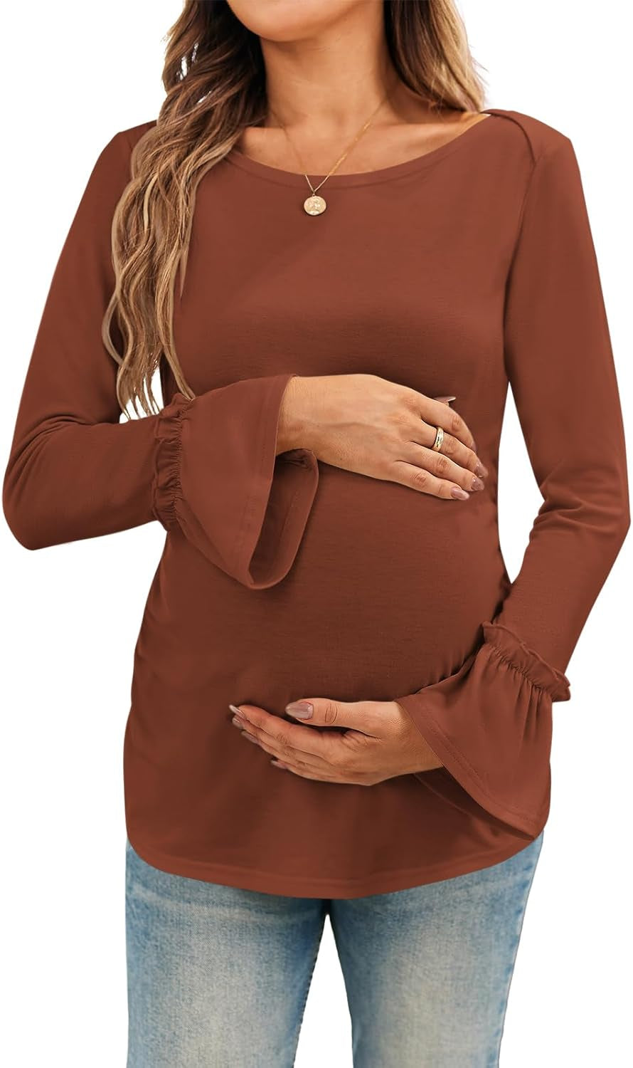 Women'S Maternity Shirts Bell Sleeve Pregnancy Tops Casual Boat Neck Maternity Clothes