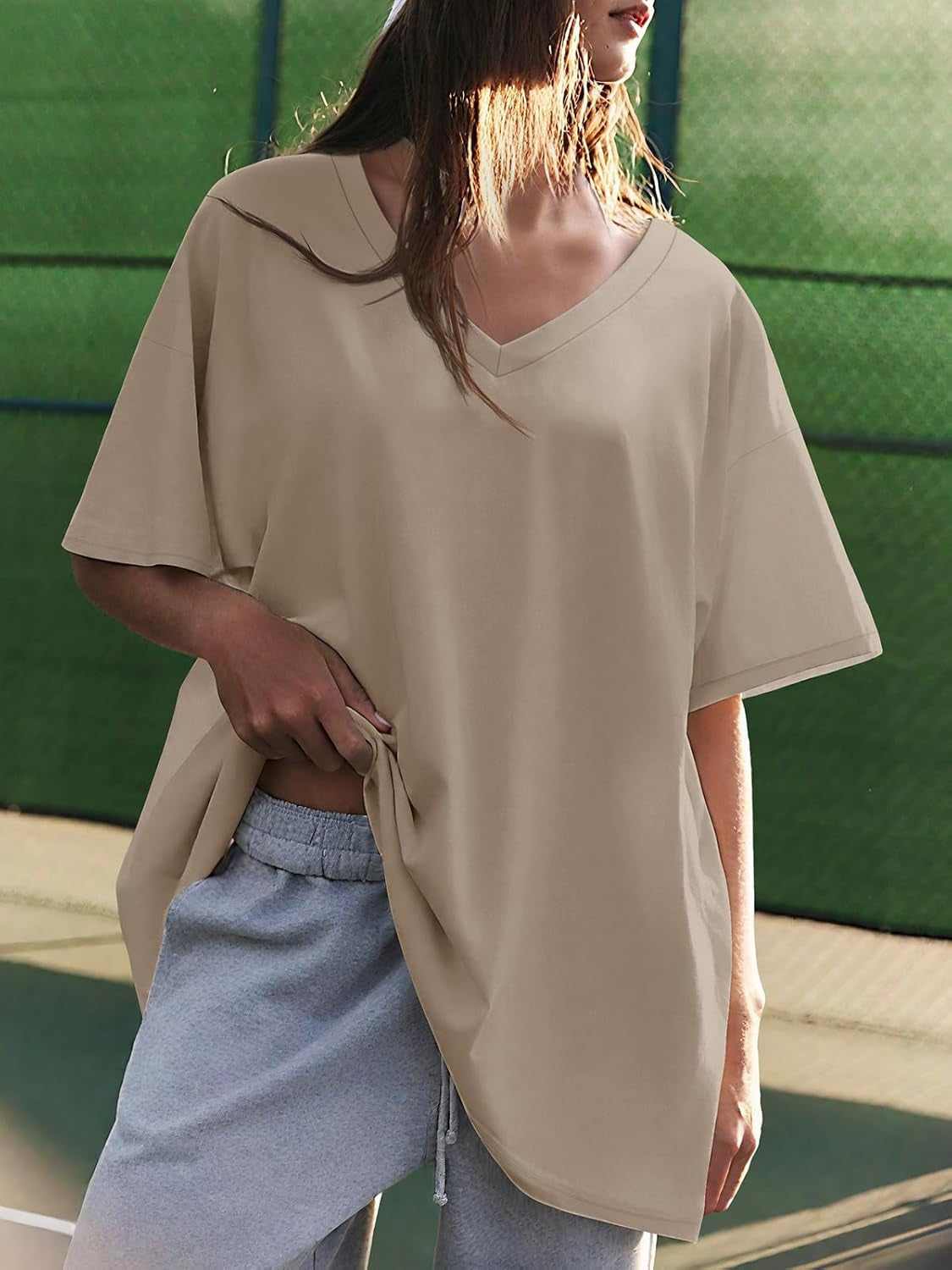 ATHMILE Womens Summer Oversized Shirts V Neck Business Casual Workout Tops Beach Vacation 2025 Gym Clothes