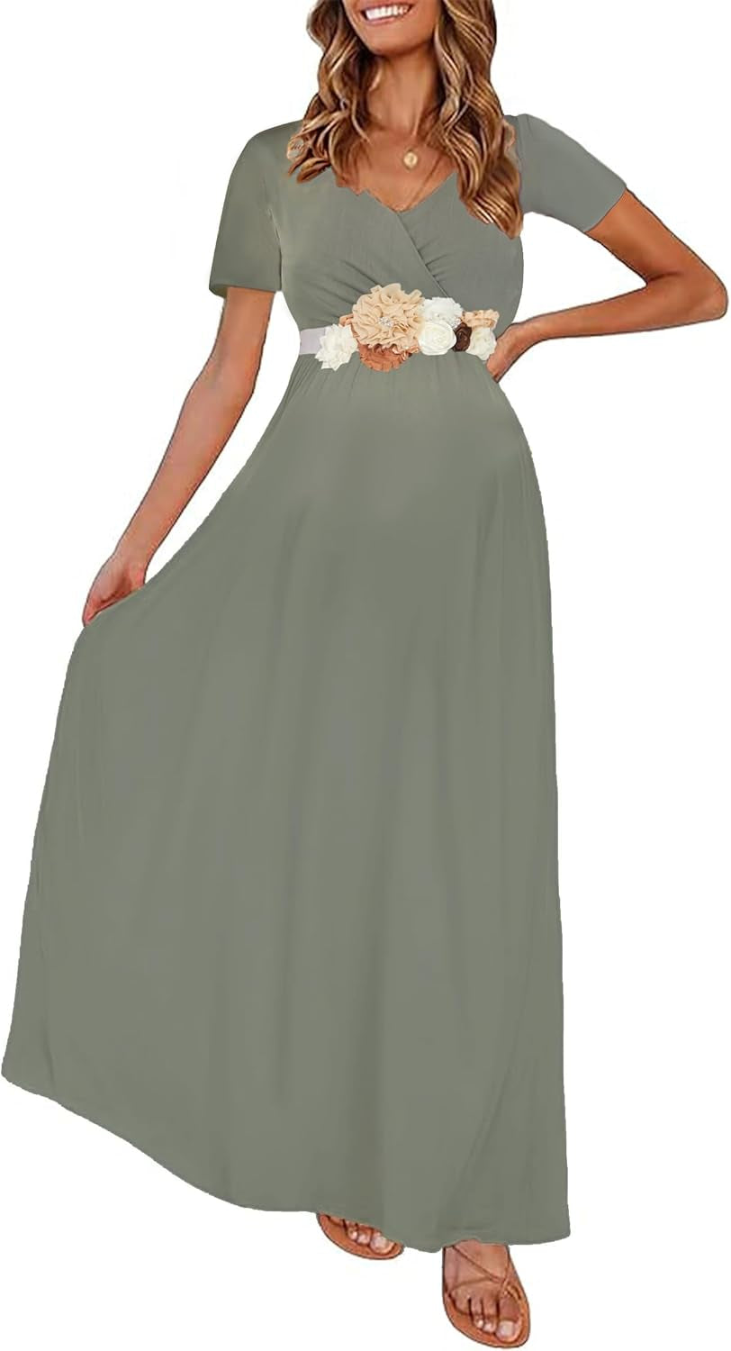 KIM S Maternity Maxi Dress with Flower Sash(S-3Xl)/Wrapped Ruched V Neck Photoshoot Baby Shower Dresses