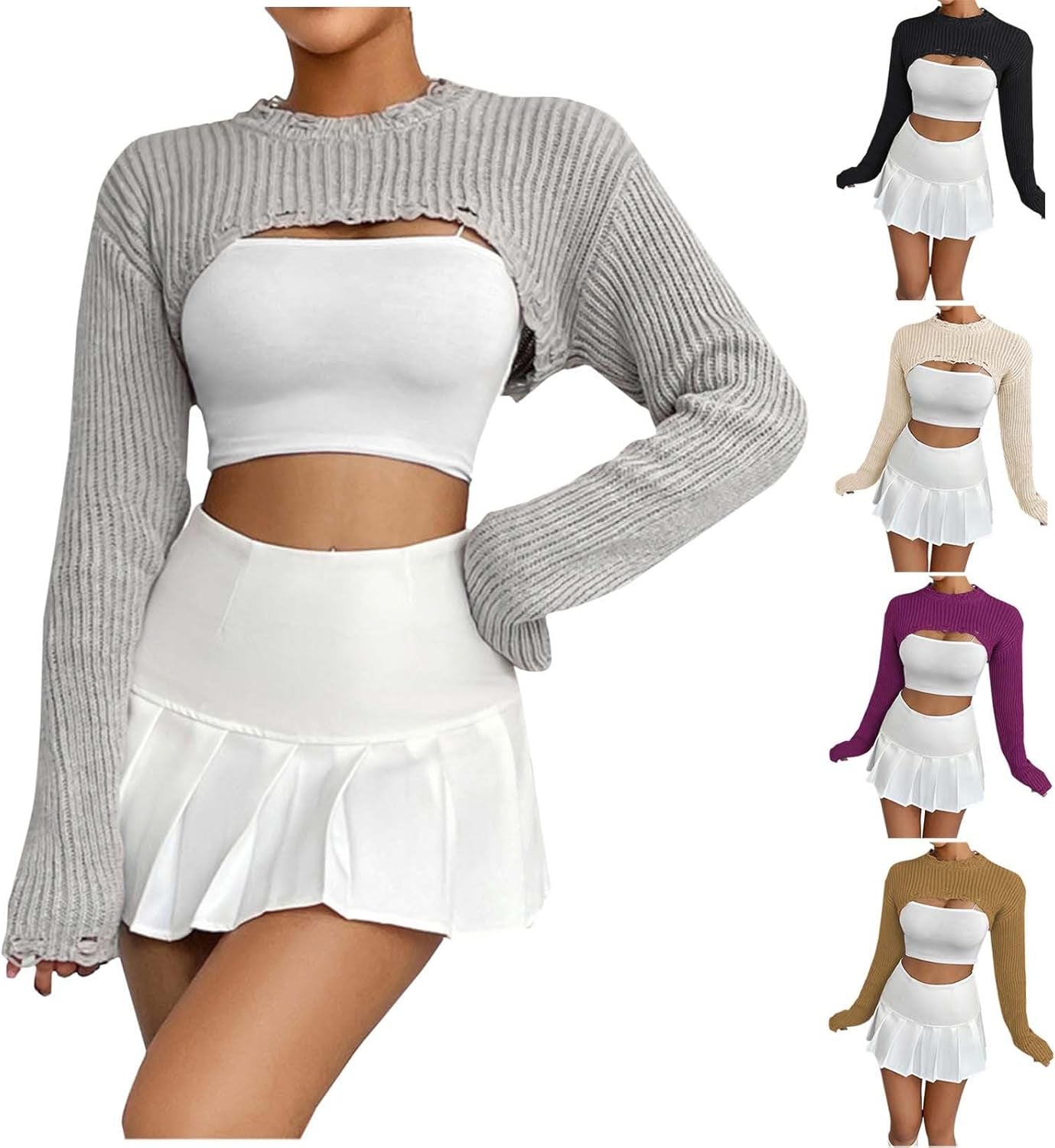 Hgps8W Women'S Cropped Sweater, Sexy Ripped Long Sleeve Crewneck Loose Pullover Knitwear Tops