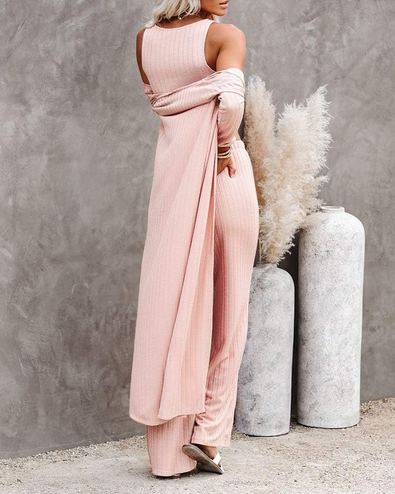 Fessceruna Womens 3 Piece Lounge Sets Pajamas Knit Long Sleeve Cardigan Crop Top Wide Leg Pants Loungewear Set