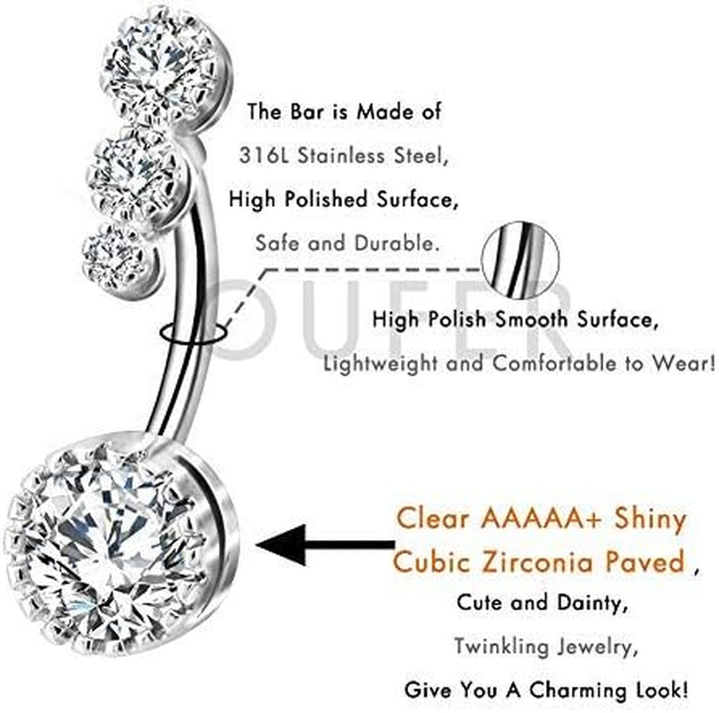 OUFER 3PCS Belly Button Rings, Clear CZ 316L Surgical Steel 14G Belly Rings Dangle Navel Rings Belly Rings Belly Piercing Jewelry