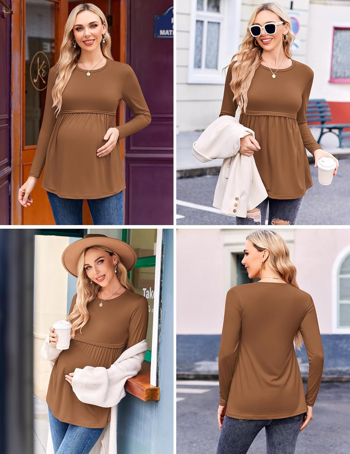 Ekouaer Maternity Shirts 3 Packs Pleated Long Sleeve Tops Tunic Casual Pregnancy Clothes