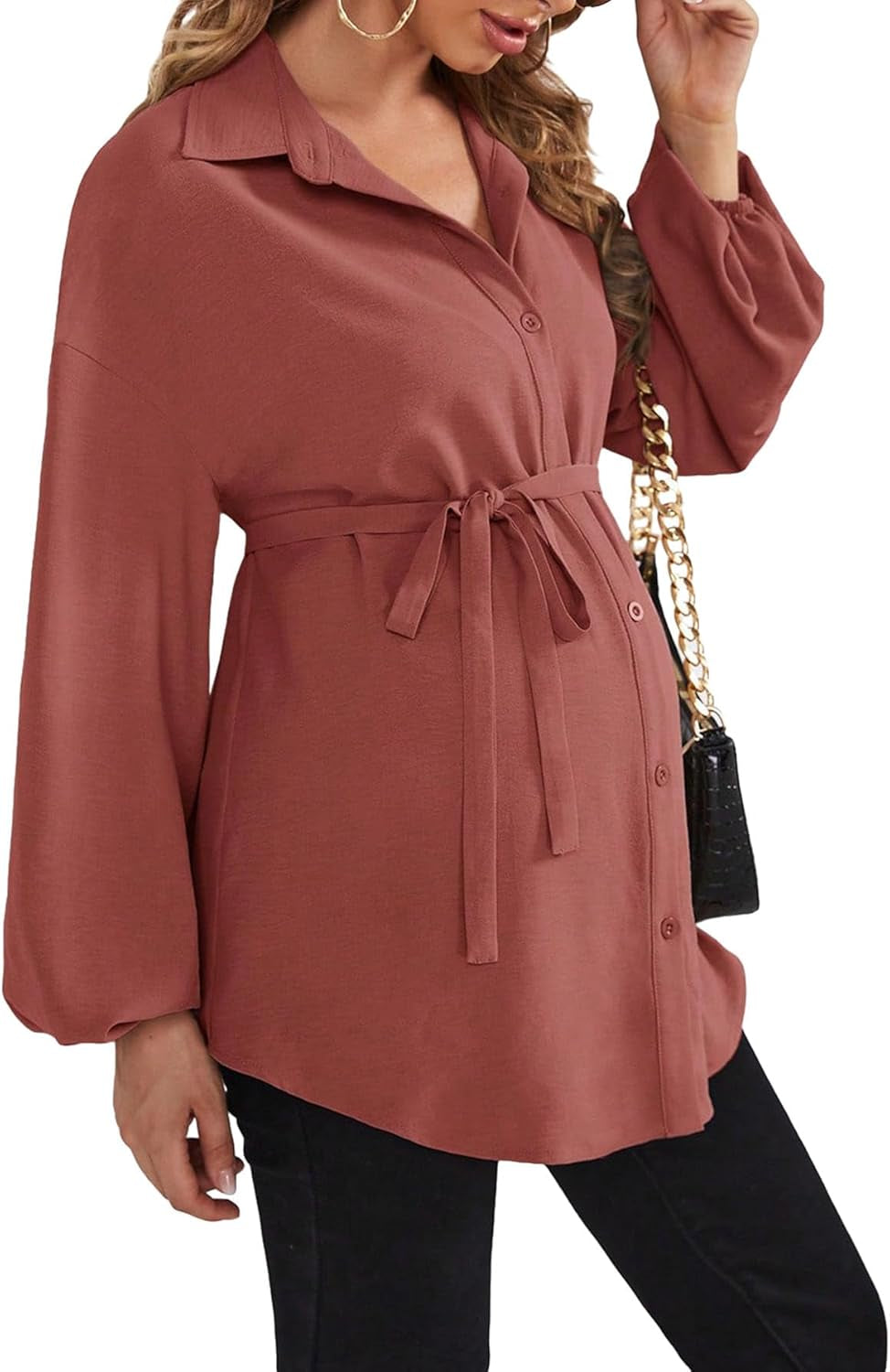 Makemechic Women'S Maternity Shirts Long Sleeve Belted Button down Casual Pregnancy Blouse Tops