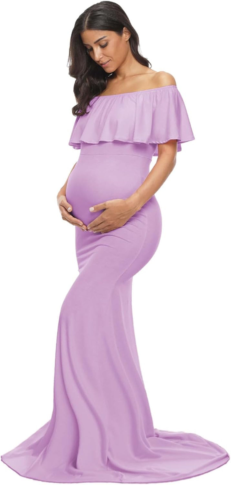 Glampunch Womens off Shoulder Maternity Dress Ruffles Elegant Slim Gowns Fit Maxi Photography Dress