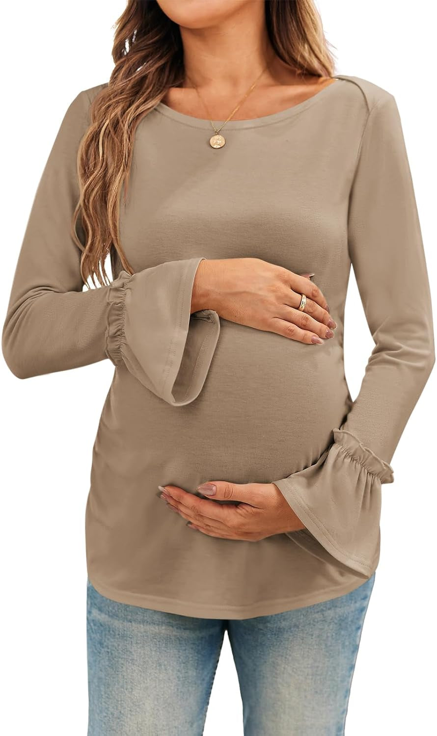 Women'S Maternity Shirts Bell Sleeve Pregnancy Tops Casual Boat Neck Maternity Clothes