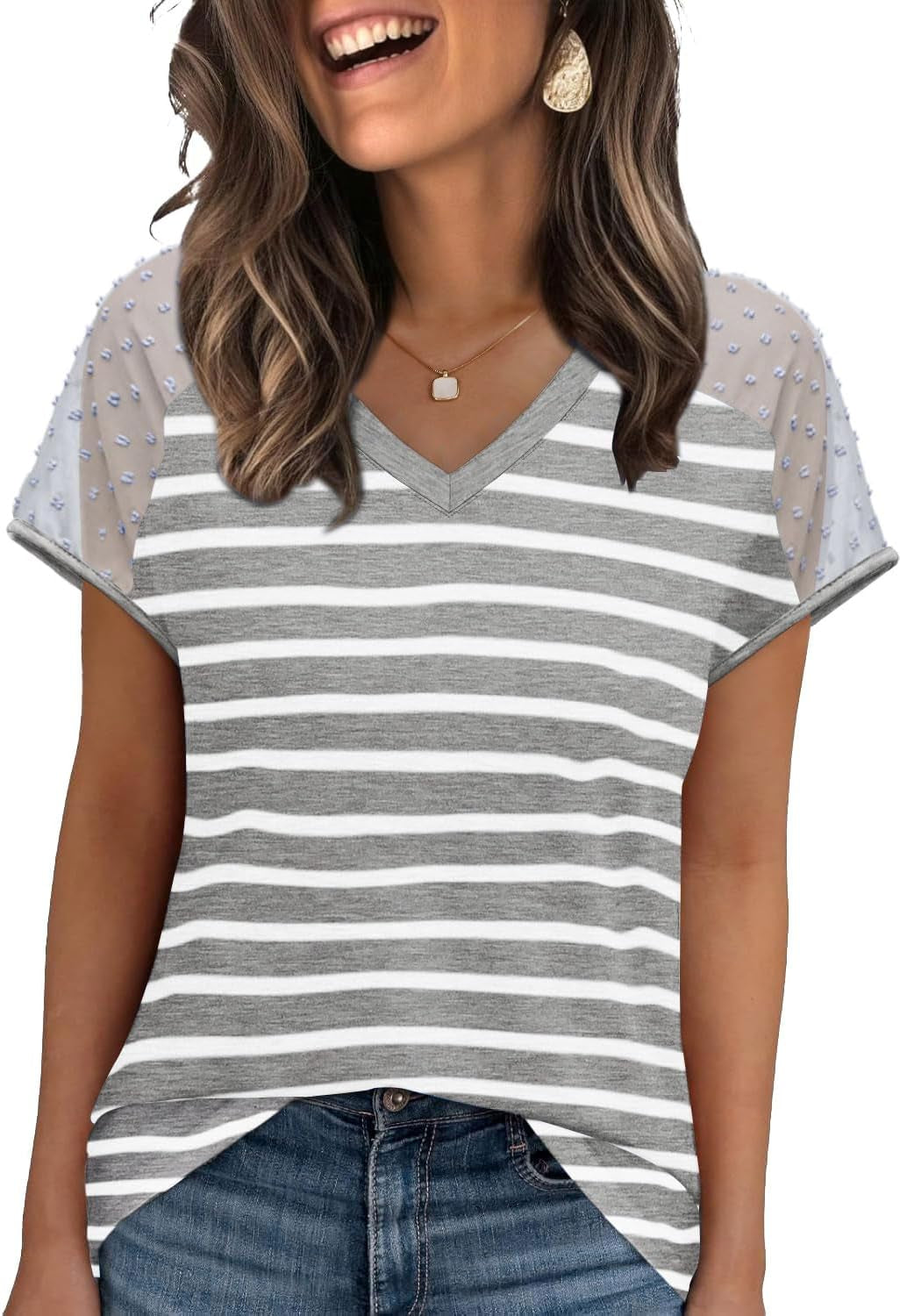 WIHOLL Summer Tops for Women V Neck T-Shirts Swiss Dot Short Sleeve Shirts Casual Fashion Blouses