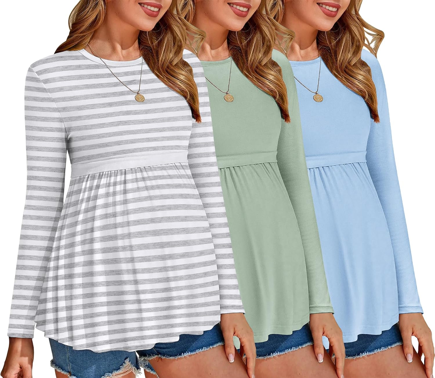 Ekouaer Maternity Shirts 3 Packs Pleated Long Sleeve Tops Tunic Casual Pregnancy Clothes