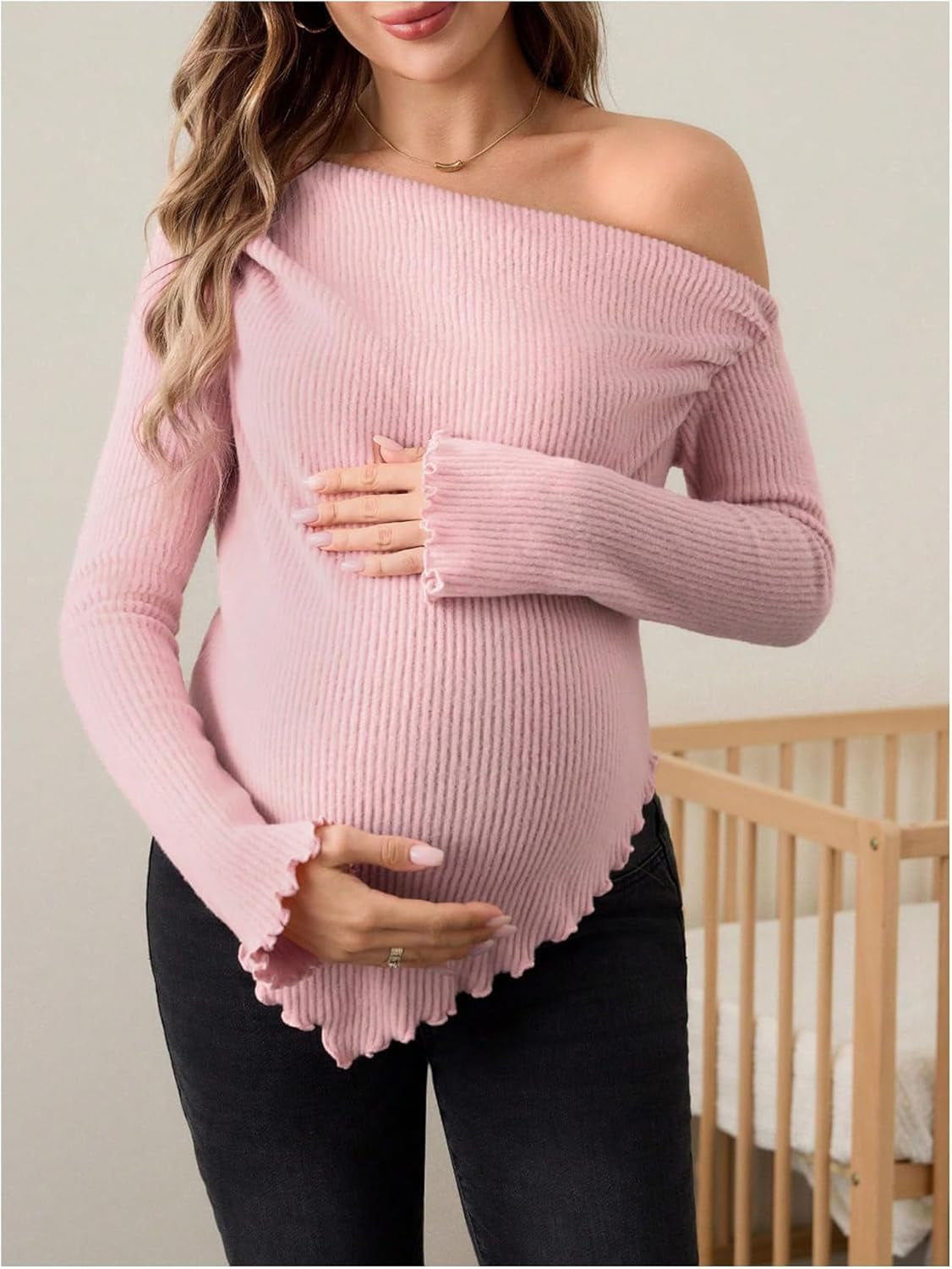 Makemechic Women'S Maternity Tops One Shoulder Ruched Asymmetrical Lettuce Trim Pregnancy Rib Knit Tee Shirt