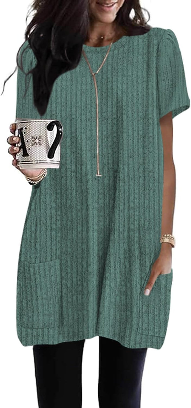 Naggoo Summer Womens Tunic Tops for Leggings with Pockets Loose Fit Short Sleeve Casual Long T Shirts