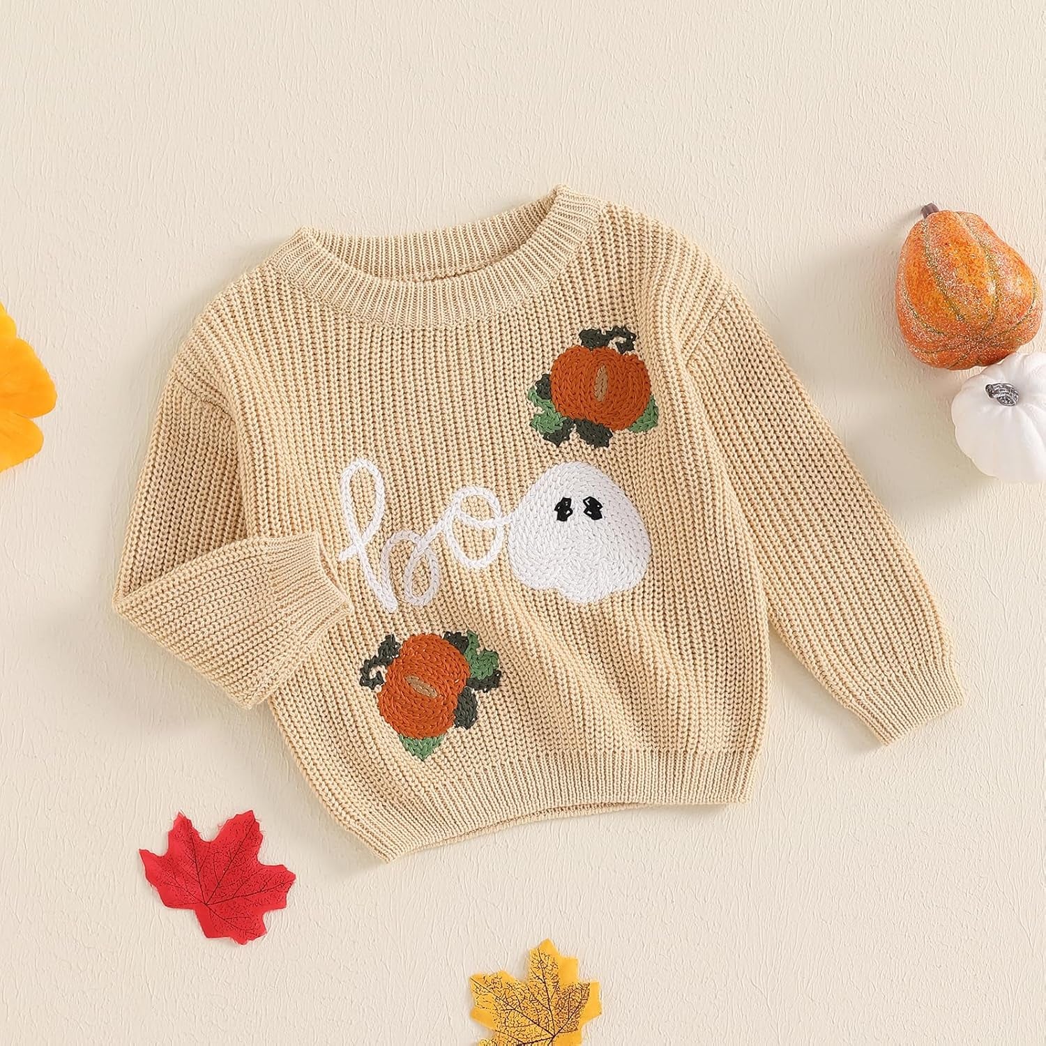 Baby Halloween Sweater Pumpkin Print Long Sleeve Crewneck Embroidery Knit Sweatshirt Toddler Fall Winter Pullover