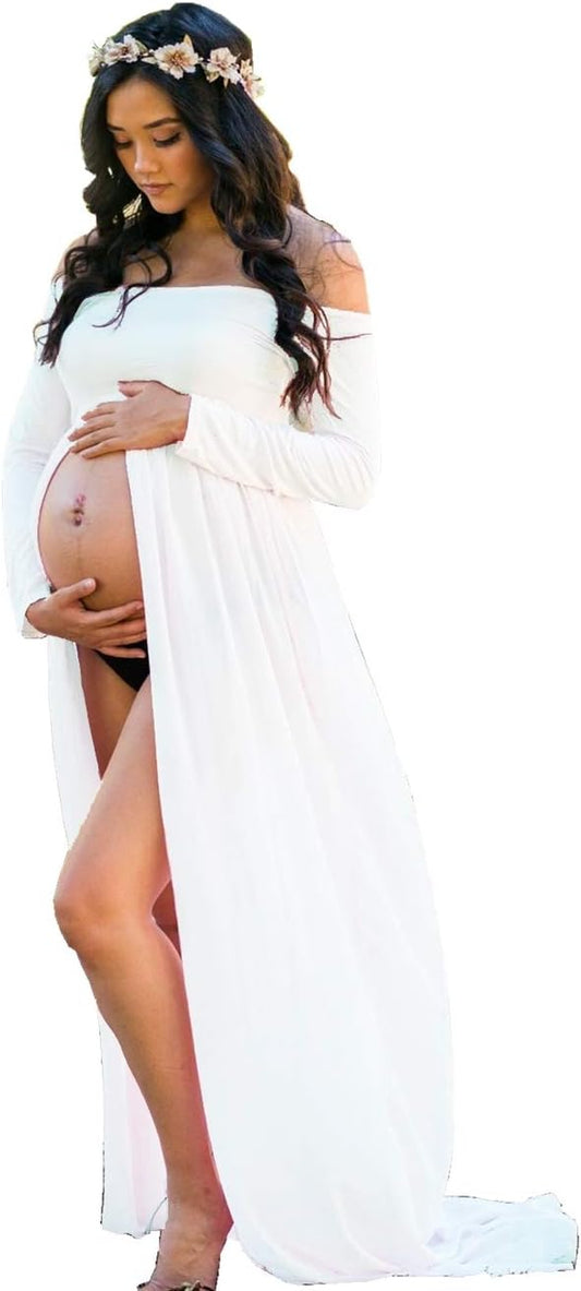 ZIUMUDY Maternity Maxi Chiffon Photography Dress Split Front Gown for Photoshoot
