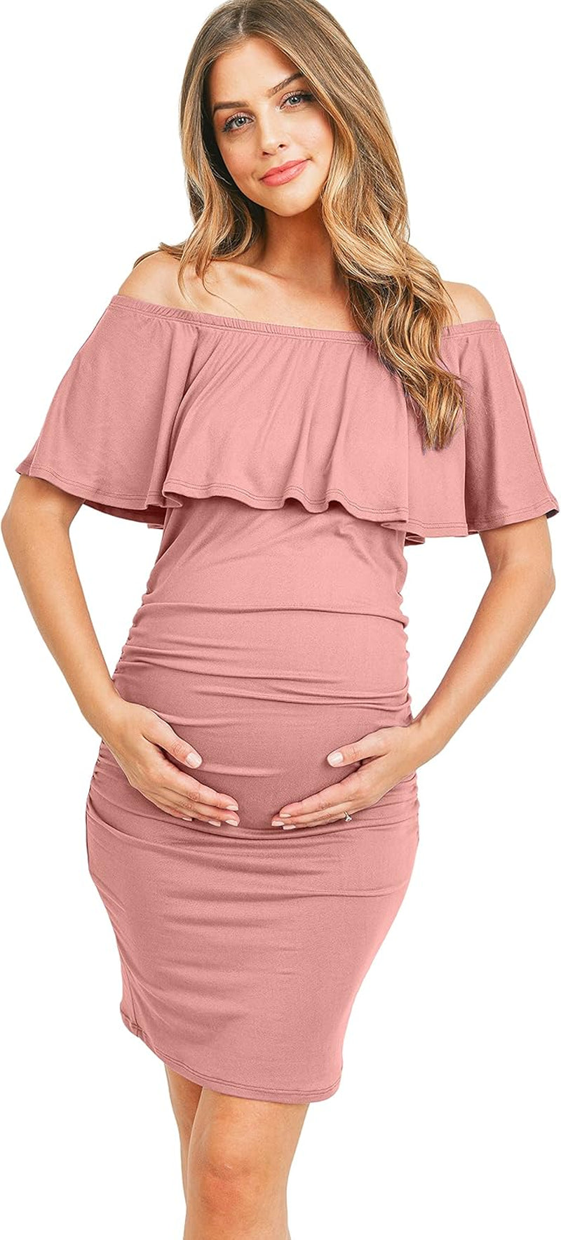 Hello MIZ Women'S Floral Ruffle off Shoulder Maternity Dress - Made in USA