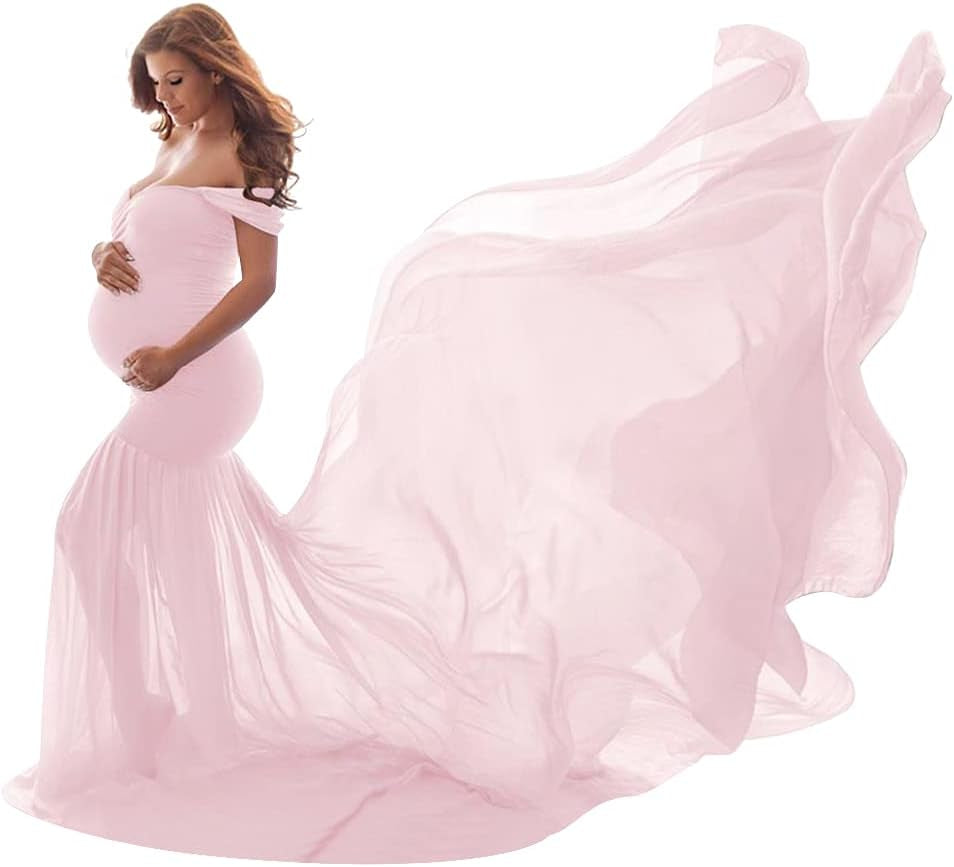 Women Maternity Dress for Photography Mermaid off Shoulder Slim Fitted Chiffon Gown Flowy Baby Shower Maxi Photo Props Dress