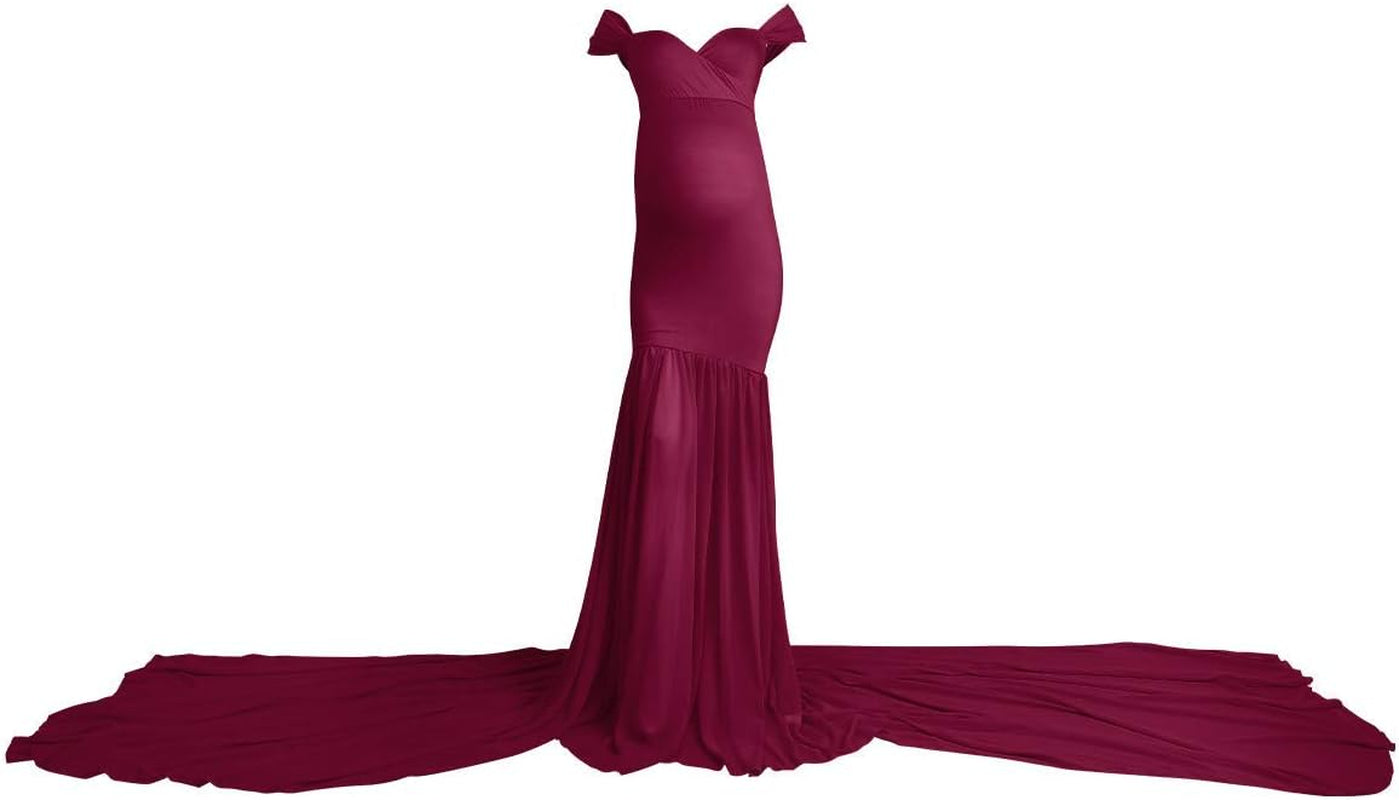Women Maternity Dress for Photography Mermaid off Shoulder Slim Fitted Chiffon Gown Flowy Baby Shower Maxi Photo Props Dress