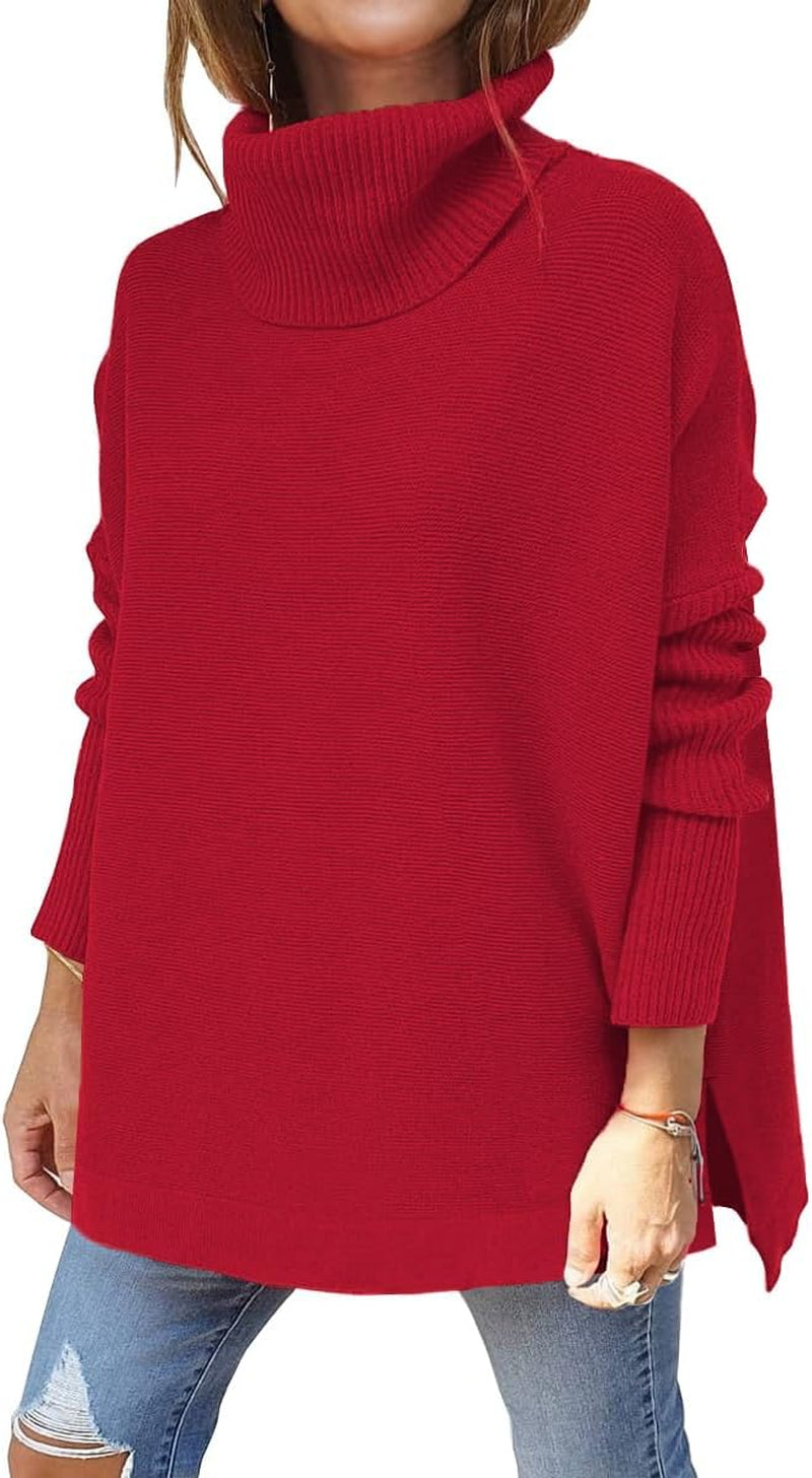 LILLUSORY Women'S Turtleneck Oversized Sweaters Long Batwing Sleeve Spilt Hem Tunic Pullover Knit Tops