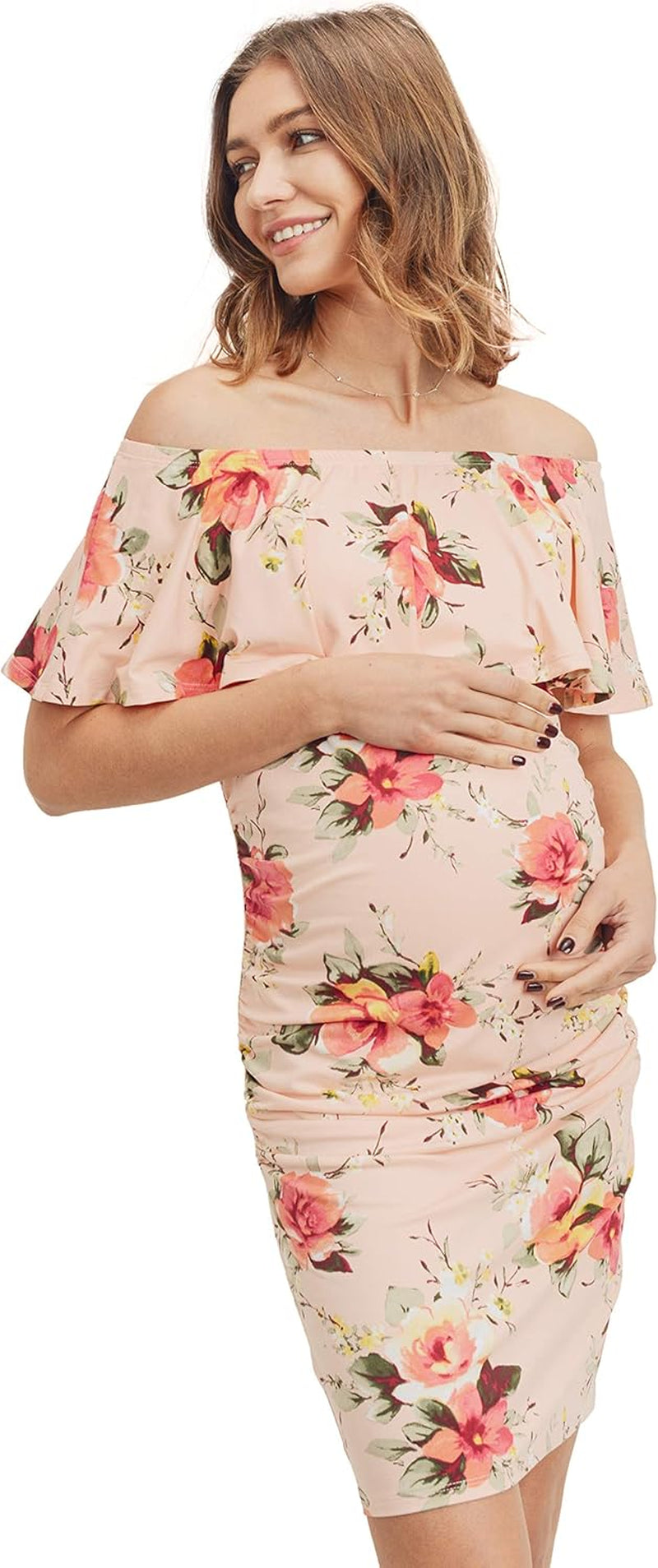 Hello MIZ Women'S Floral Ruffle off Shoulder Maternity Dress - Made in USA