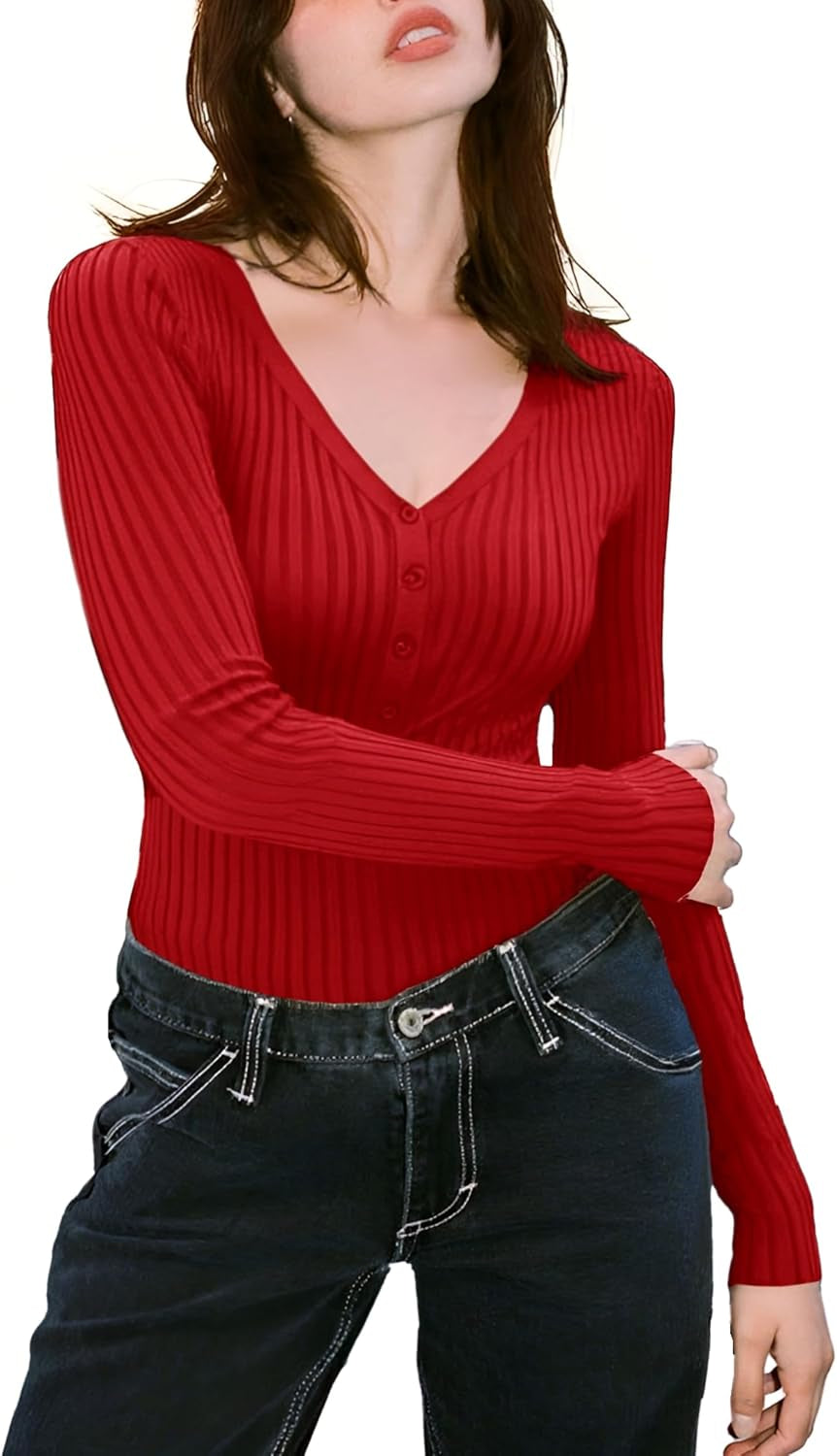 V28 Women Tops Long Sleeve V Neck Henley Button up Casual Sexy Slim Fit Ribbed Knit Knitwear Pullover Sweater