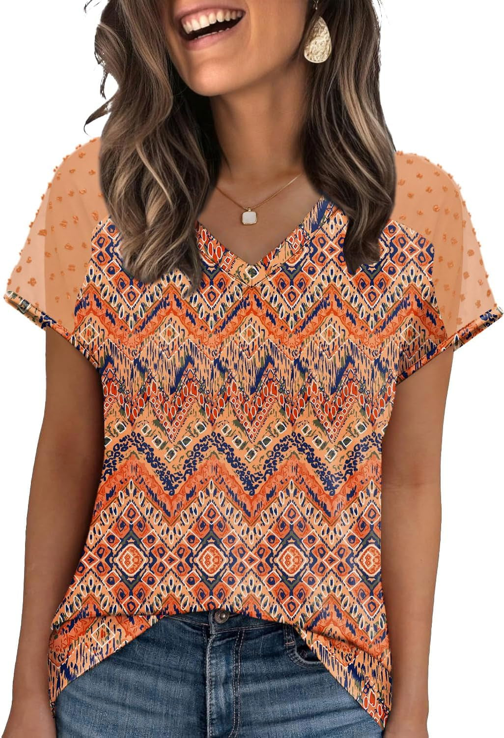 WIHOLL Summer Tops for Women V Neck T-Shirts Swiss Dot Short Sleeve Shirts Casual Fashion Blouses