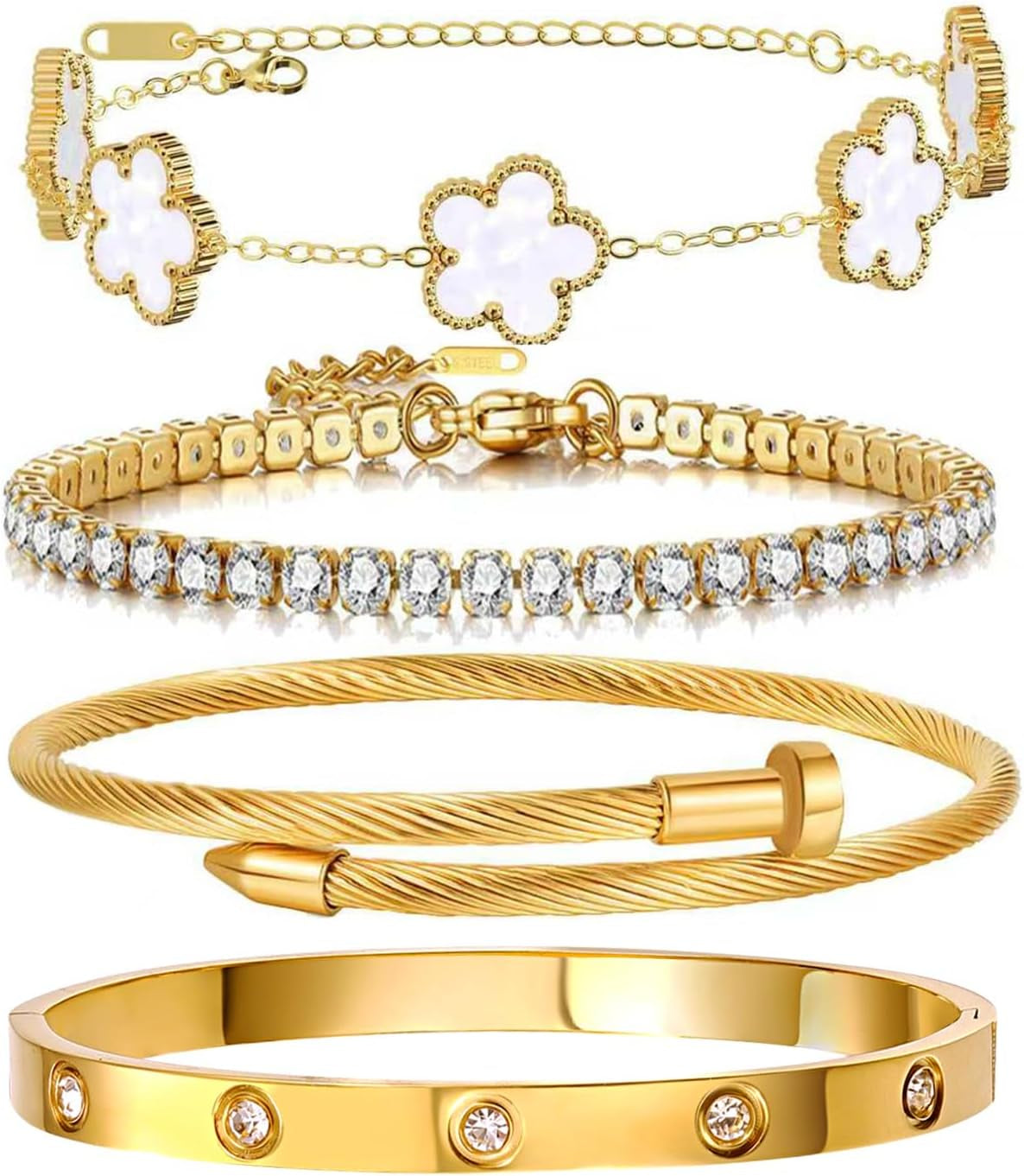 Gold Bracelets for Women, 18K Gold Plated Women Tennis Bracelets Clover Nail Love Bangle Bracelet Set, Gold Bracelet Stackable Set Trendy Jewelry, Gifts for Women'S Day and Mother'S Day