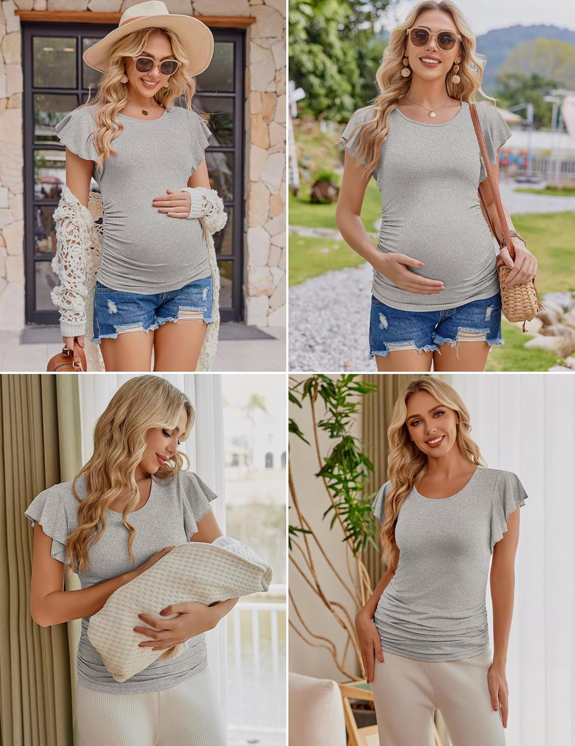 Ekouaer Women'S Maternity Shirts 3 Packs Flying Short Sleeve Pregnancy Tops Side Ruched Tunic Blouse Mama Clothes S-XXL