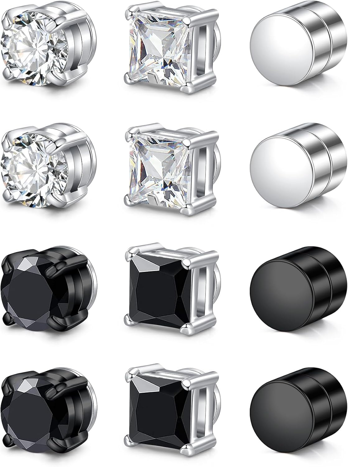 Men'S Magnetic Stud Earrings - Non Piercing Fake Clip on Earring Stainless Steel Hypoallergenic Magnet Ear Rings for Men, Fashion Diamond Design, Silver/Black Styles