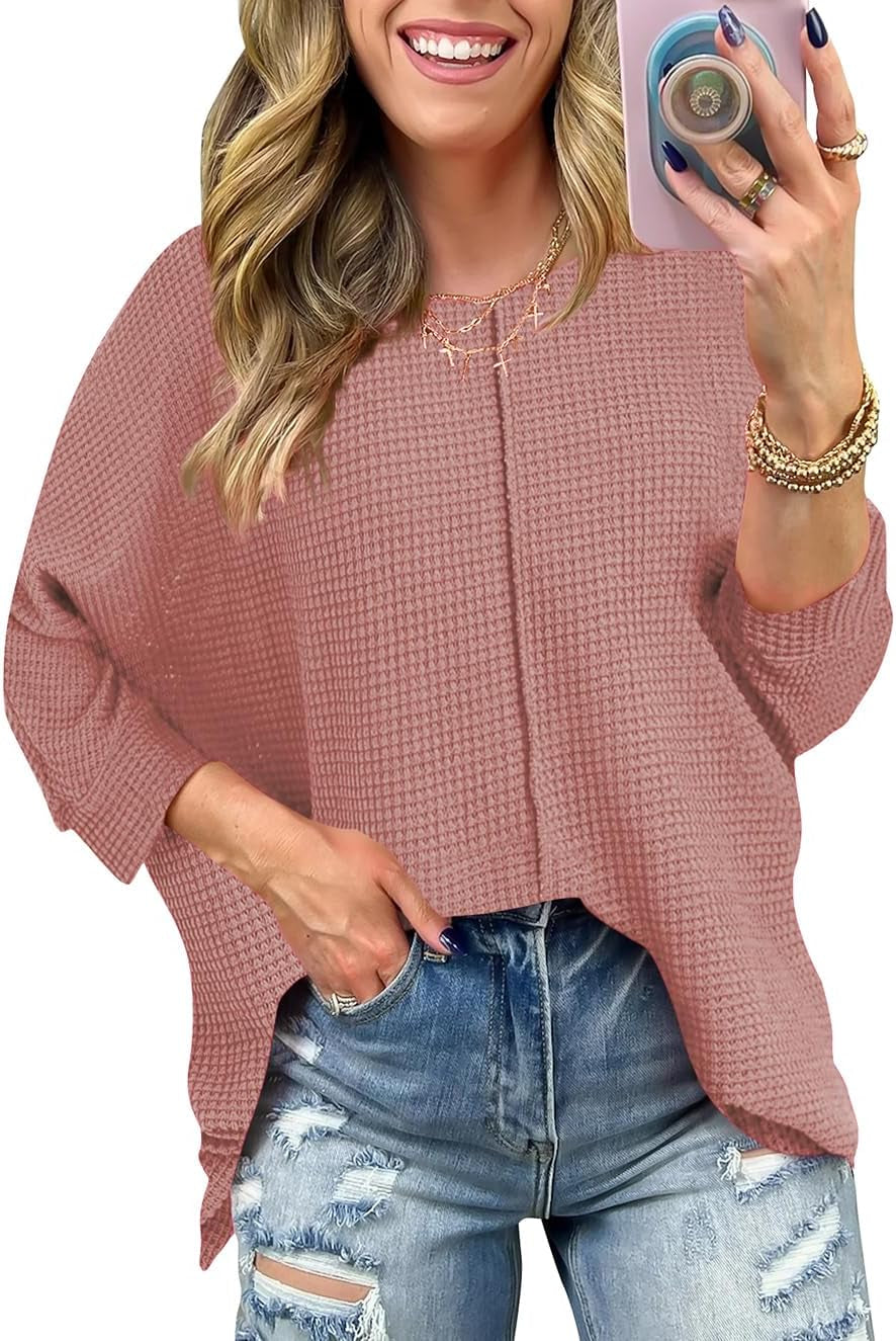 Poetsky Womens 2025 Spring 3/4 Sleeve Crewneck Waffle Knit Shirt Loose Casual Side Split Tunic Tops