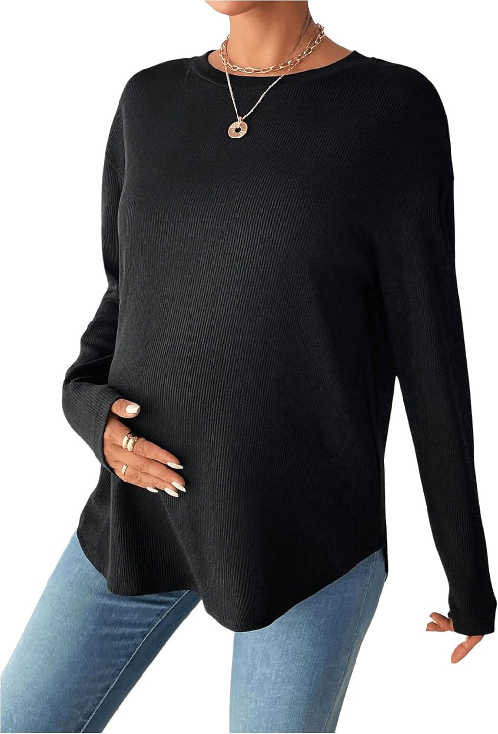 Makemechic Women'S Maternity Tee Shirt Long Sleeve round Neck Drop Shoulder Curved Hem Pregnancy Tops