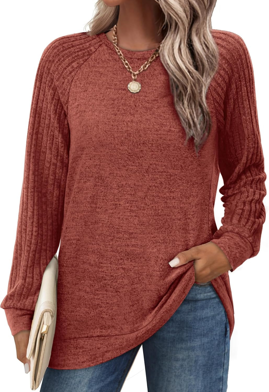 Saloogoe Tunic Sweatshirts for Women Crewneck Lightweight Sweaters Raglan Long Sleeve Shirts Fall Fashion Tops 2024