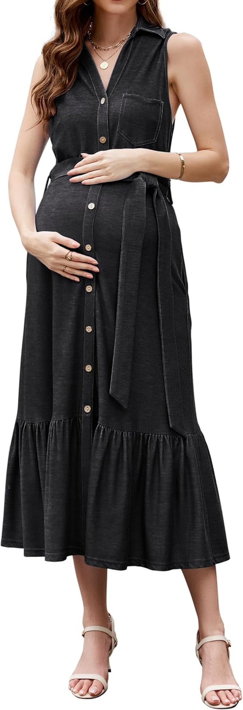 OUGES Womens 2025 Spring Maternity Dress Polo V Neck Sleeveless Ruffle Button Pregnancy Casual Work Dress with Pockets