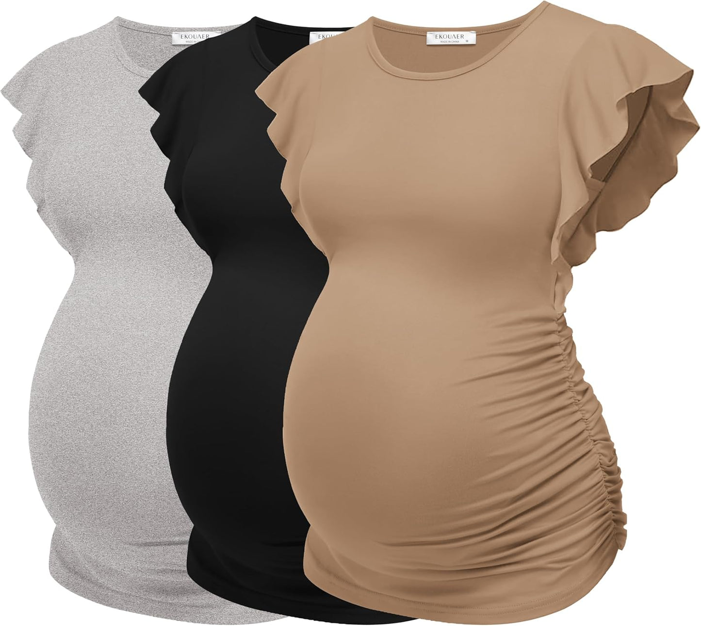 Ekouaer Women'S Maternity Shirts 3 Packs Flying Short Sleeve Pregnancy Tops Side Ruched Tunic Blouse Mama Clothes S-XXL