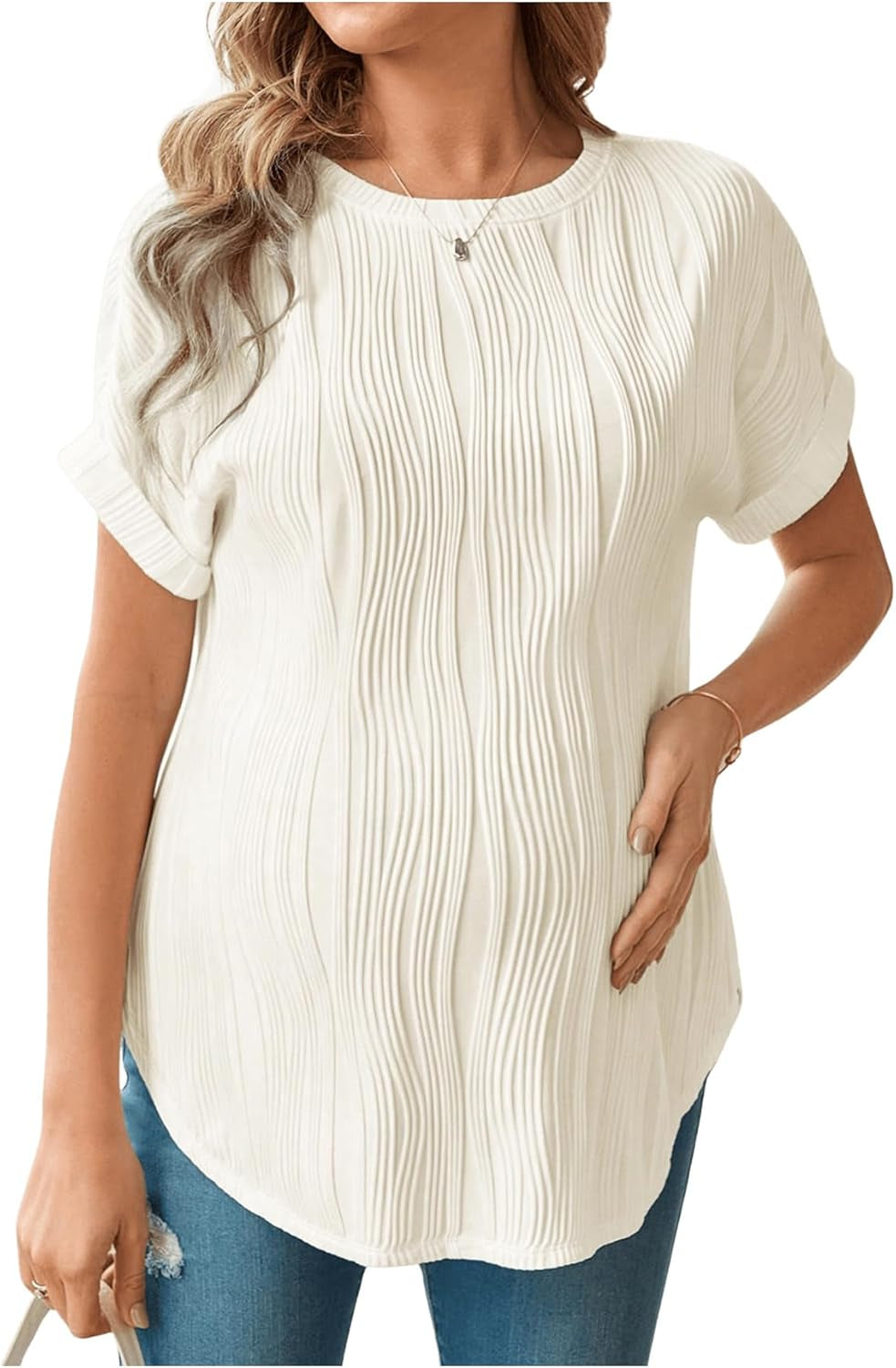 OYOANGLE Women'S Casual Maternity T-Shirt Textured Short Sleeve Crew Neck Loose Tunic Top Pregnancy Blouse Tee