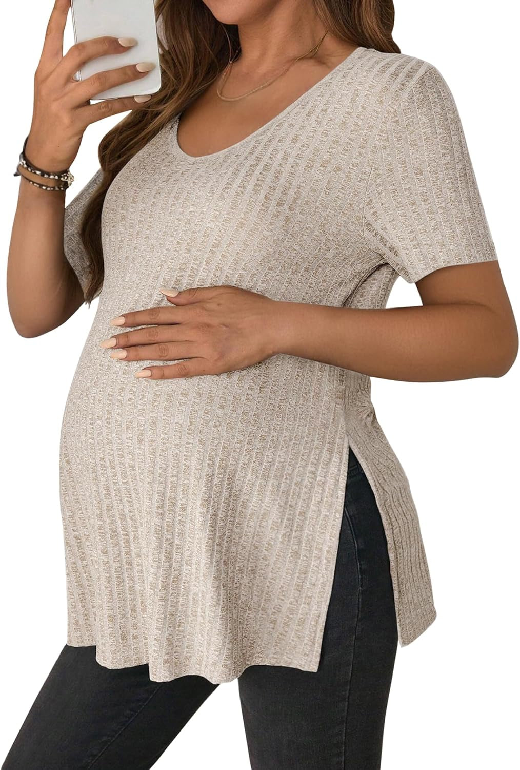 Jinigolla Women'S Maternity T Shirt Ribbed Knit Pregnancy Tops Side Split Casual Maternity Blouse