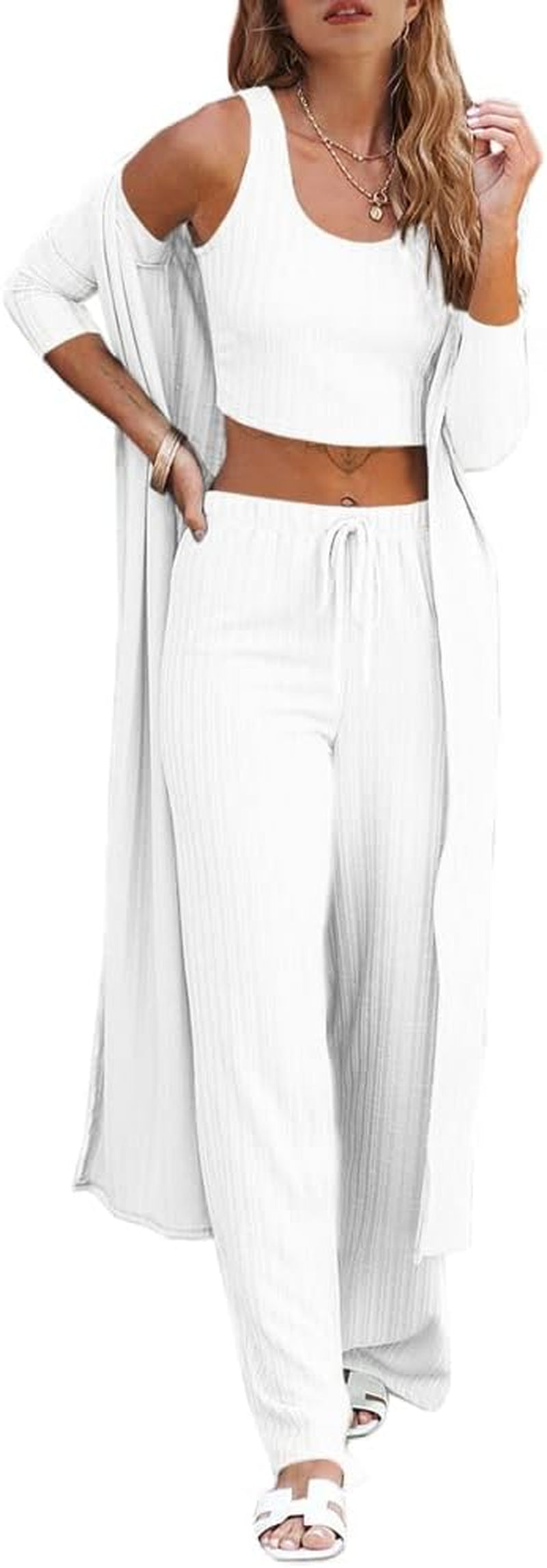 Fessceruna Womens 3 Piece Lounge Sets Pajamas Knit Long Sleeve Cardigan Crop Top Wide Leg Pants Loungewear Set