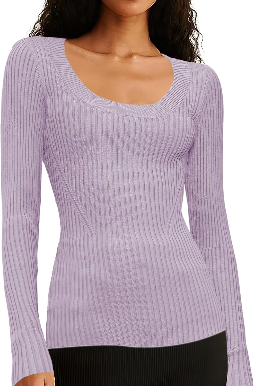 V28 Women Scoop Neck U-Neck Knit Long Sleeve Slim Fit Ribbed Sweater Tops