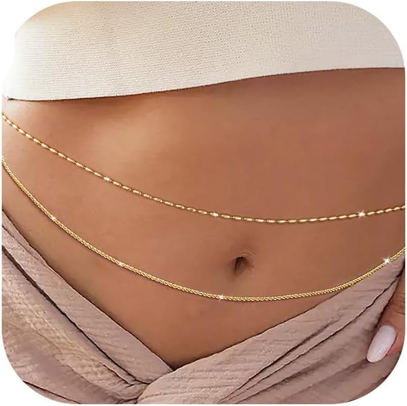 MOODEAR Christmas Gifts Waist Chain for Women - Waterproof 14K Gold Plated/Silver Layered Belly Beads Chains with Drop Cubic Zirconia Body Chain Jewelry Sexy Bikini Belt Gift for Summer Beach
