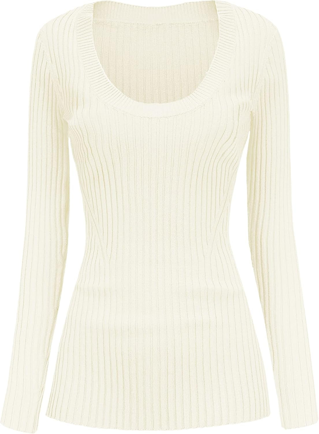 V28 Women Scoop Neck U-Neck Knit Long Sleeve Slim Fit Ribbed Sweater Tops