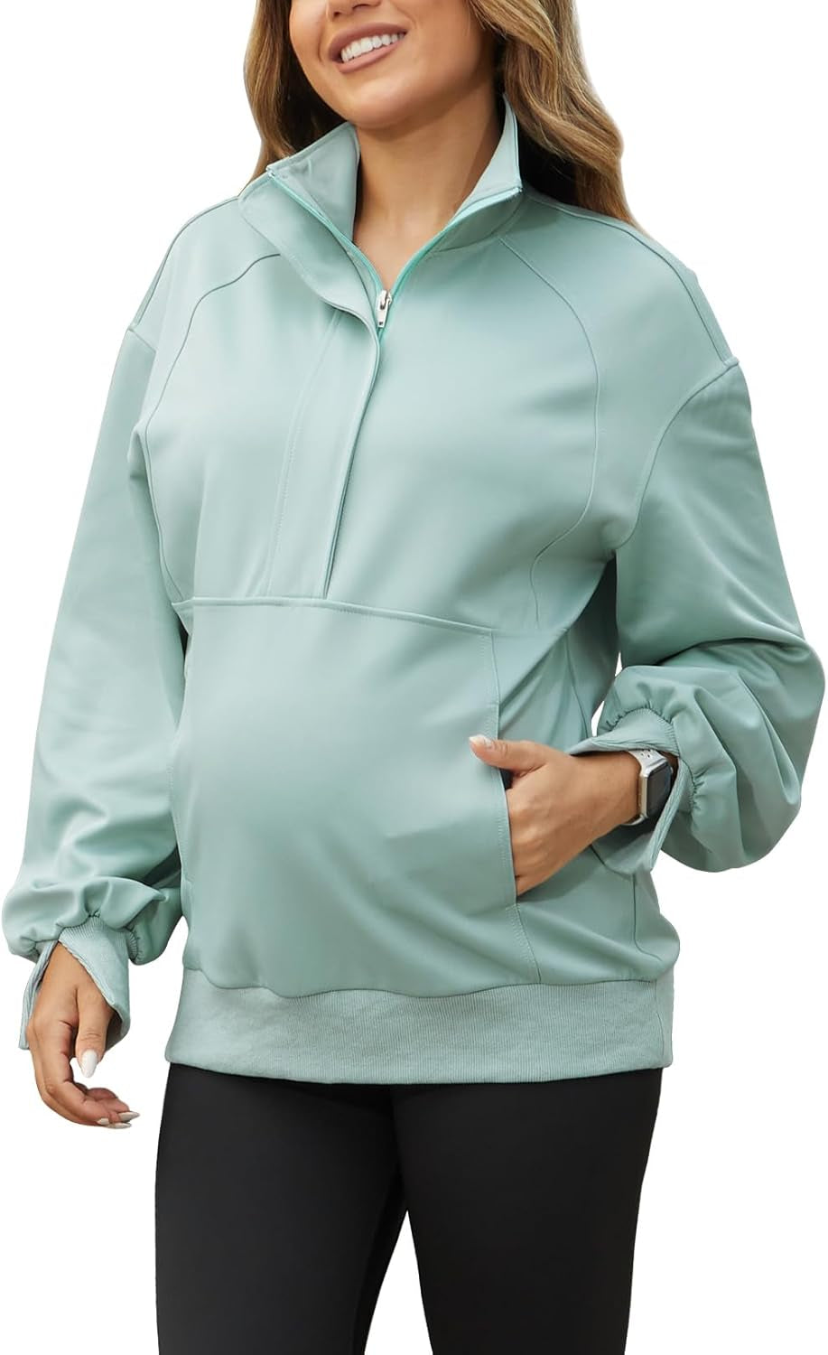 Bhome Maternity Sweatshirt Half Zip Pullover Lapel Shirt Long Sleeve Tunic with Pockets
