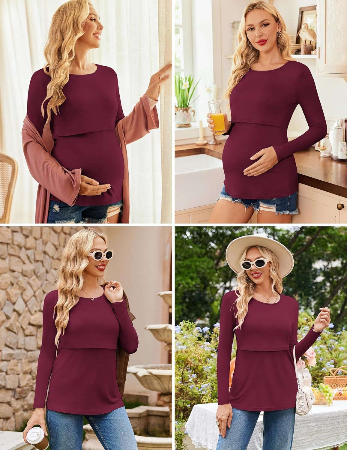 Ekouaer Women 3 Packs Nursing Shirts Long Sleeve Maternity Tops Double Layer Breastfeeding Tees round Neck Pregnancy Blouse