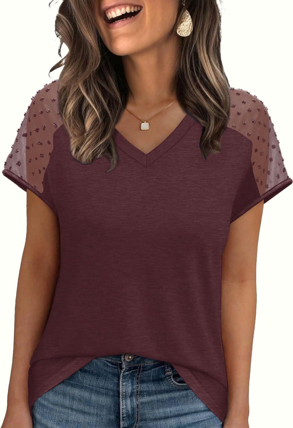 WIHOLL Summer Tops for Women V Neck T-Shirts Swiss Dot Short Sleeve Shirts Casual Fashion Blouses