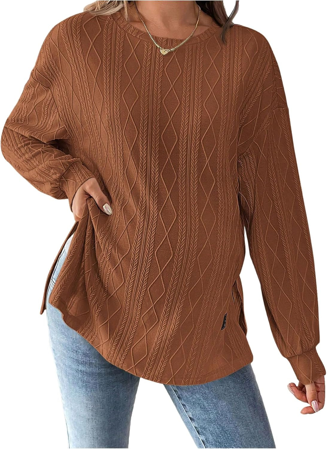 Makemechic Women'S Maternity Tee Shirts Textured Long Sleeve round Neck Slit Hem Pregnancy Tops