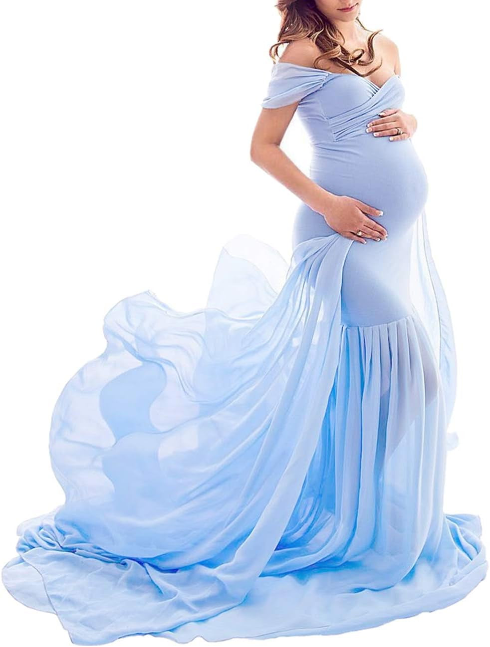 ZIUMUDY Maternity Chiffon Mermaid Gown off Shoulder Dropped Sleeve Fitted Photo Shoot Photography Dress