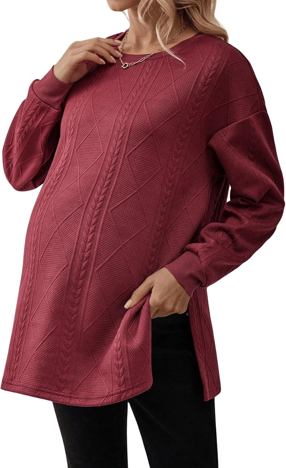 Makemechic Women'S Maternity Sweatshirt round Neck Long Sleeve Split Hem Pregnancy Pullover Tops